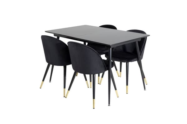 SilarBLExt spisegruppe spisebord uttrekksbord lengde cm 120 / 160 svart og 4 Velvet spisestuestoler velour svart, messing dekor.