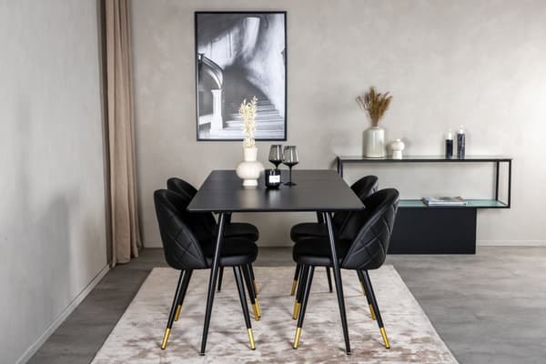 SilarBLExt spisegruppe spisebord uttrekksbord lengde cm 120 / 160 svart og 4 Velvet spisestuestoler PU kunstskinn svart.