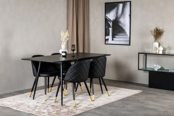 SilarBLExt spisegruppe spisebord uttrekksbord lengde cm 120 / 160 svart og 4 Velvet spisestuestoler PU kunstskinn svart.