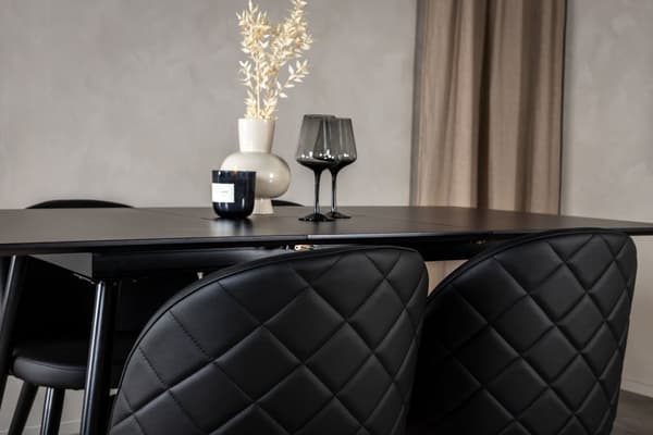 SilarBLExt spisegruppe spisebord uttrekksbord lengde cm 120 / 160 svart og 4 Velvet spisestuestoler PU kunstskinn svart.