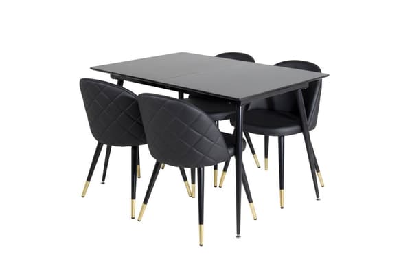 SilarBLExt spisegruppe spisebord uttrekksbord lengde cm 120 / 160 svart og 4 Velvet spisestuestoler PU kunstskinn svart.