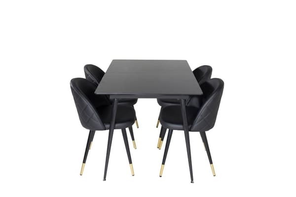 SilarBLExt spisegruppe spisebord uttrekksbord lengde cm 120 / 160 svart og 4 Velvet spisestuestoler PU kunstskinn svart.