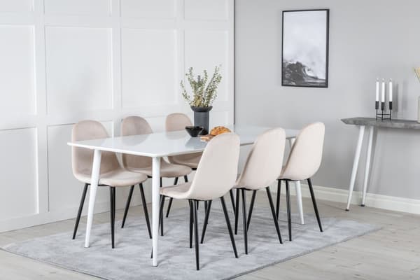 Polar180X90WHWH spisegruppe spisebord hvit og 6 Polar spisestuestoler velour beige.