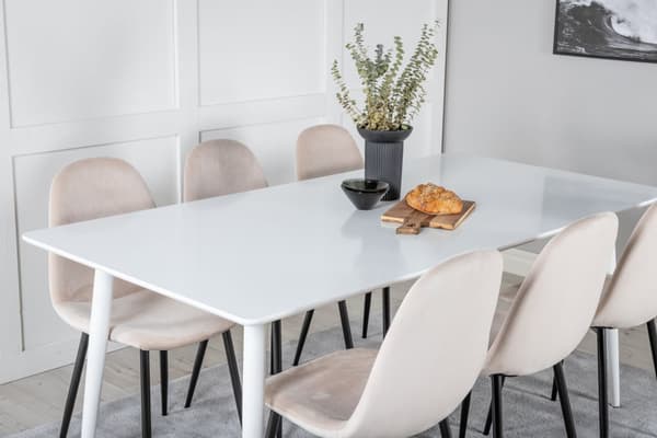 Polar180X90WHWH spisegruppe spisebord hvit og 6 Polar spisestuestoler velour beige.