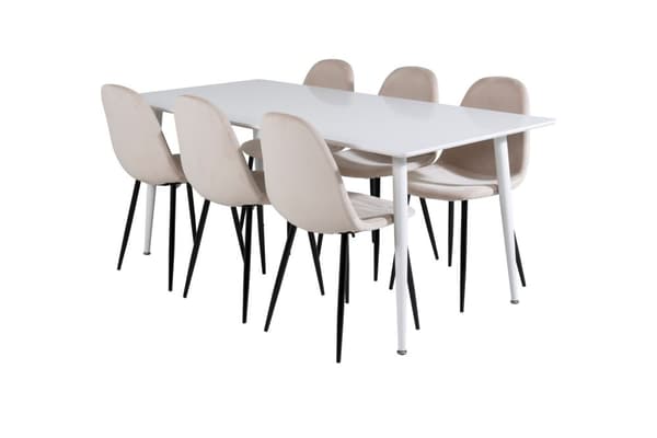 Polar180X90WHWH spisegruppe spisebord hvit og 6 Polar spisestuestoler velour beige.
