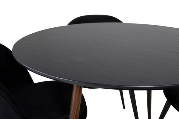 PlazaBLWA100 spisegruppe spisebord svart og 4 Velvet spisestuestoler velour svart.
