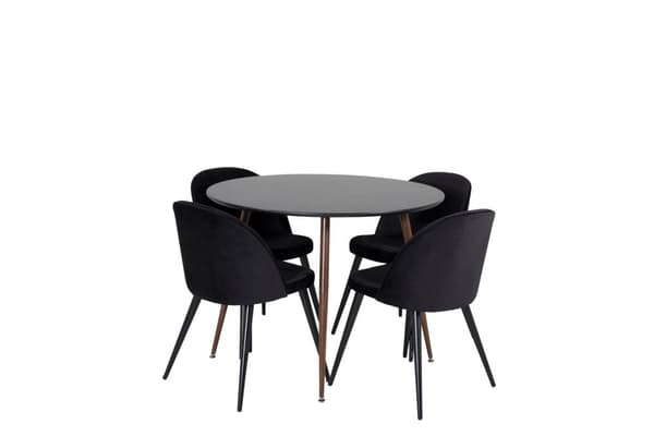 PlazaBLWA100 spisegruppe spisebord svart og 4 Velvet spisestuestoler velour svart.