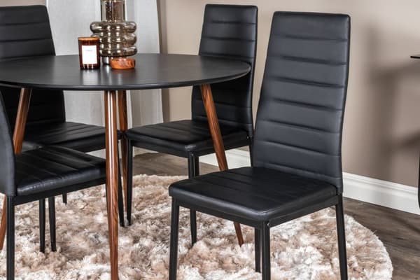 PlazaBLWA100 spisegruppe spisebord svart og 4 Slim High Back spisestuestoler PU kunstskinn svart.