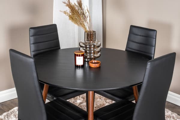 PlazaBLWA100 spisegruppe spisebord svart og 4 Slim High Back spisestuestoler PU kunstskinn svart.