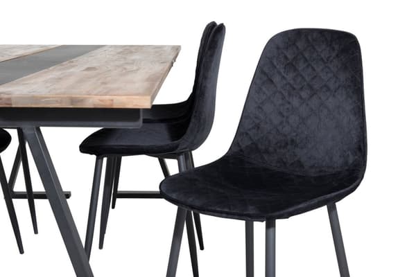 Jakarta spisegruppe spisebord teak og 6 Polar Diamond spisestuestoler velour svart.