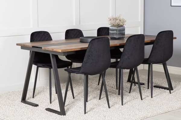 Jakarta spisegruppe spisebord teak og 6 Polar Diamond spisestuestoler velour svart.