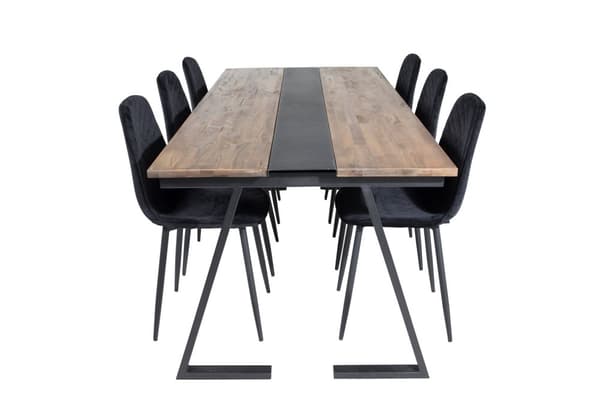 Jakarta spisegruppe spisebord teak og 6 Polar Diamond spisestuestoler velour svart.
