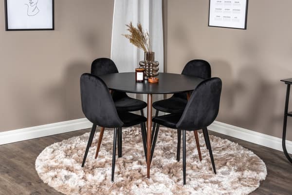 PlazaBLWA100 spisegruppe spisebord svart og 4 Polar spisestuestoler velour svart.