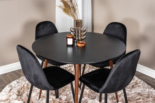 PlazaBLWA100 spisegruppe spisebord svart og 4 Polar spisestuestoler velour svart.
