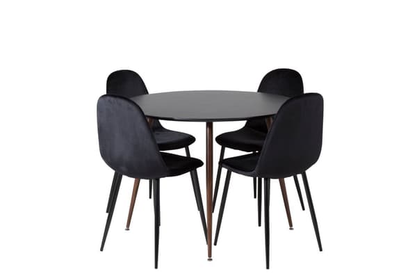 PlazaBLWA100 spisegruppe spisebord svart og 4 Polar spisestuestoler velour svart.