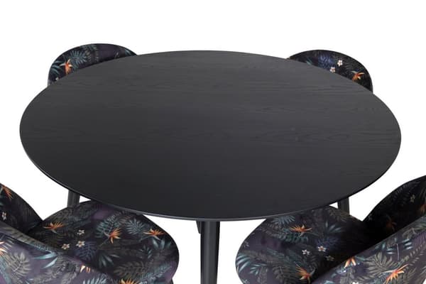 DippØ115BLBR spisegruppe spisebord svart og 4 Velvet spisestuestoler velour blomstret.