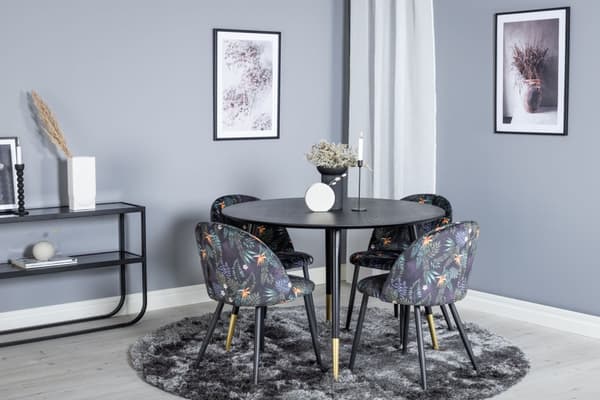 DippØ115BLBR spisegruppe spisebord svart og 4 Velvet spisestuestoler velour blomstret.