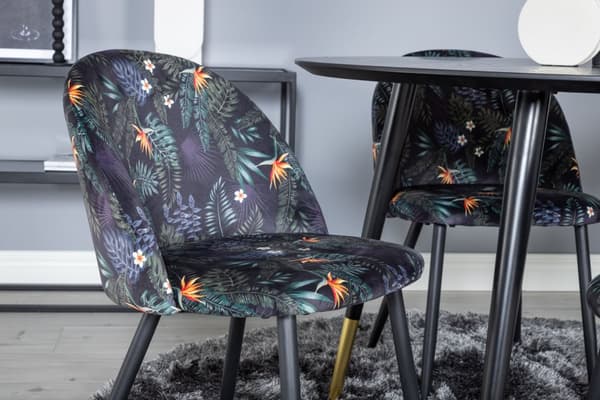 DippØ115BLBR spisegruppe spisebord svart og 4 Velvet spisestuestoler velour blomstret.