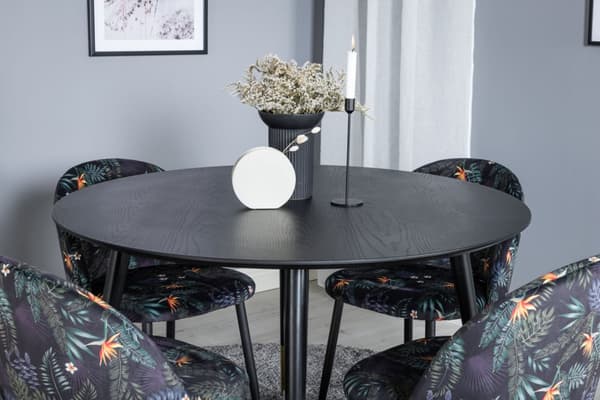 DippØ115BLBR spisegruppe spisebord svart og 4 Velvet spisestuestoler velour blomstret.