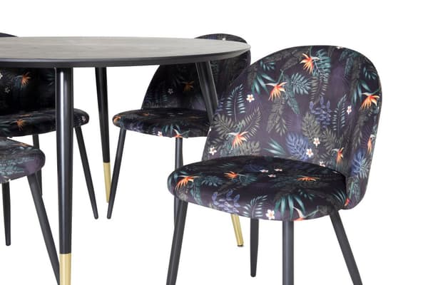 DippØ115BLBR spisegruppe spisebord svart og 4 Velvet spisestuestoler velour blomstret.