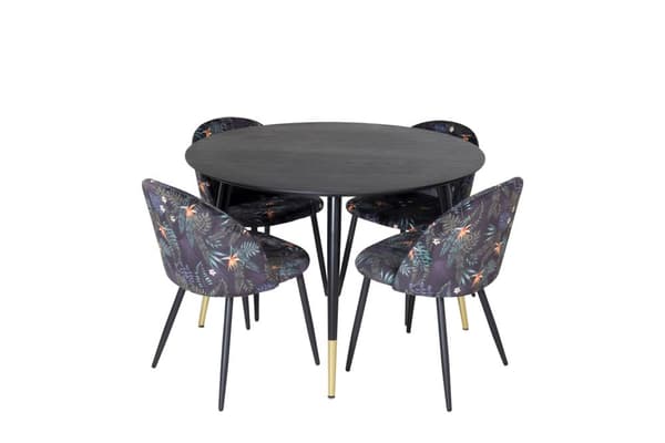 DippØ115BLBR spisegruppe spisebord svart og 4 Velvet spisestuestoler velour blomstret.