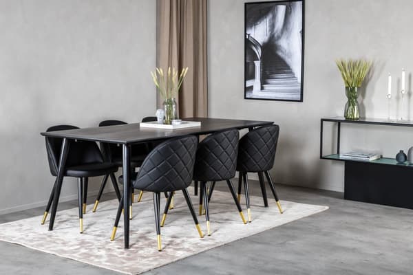 Dipp180x90BLBL spisegruppe spisebord svart og 6 Velvet spisestuestoler PU kunstskinn svart.