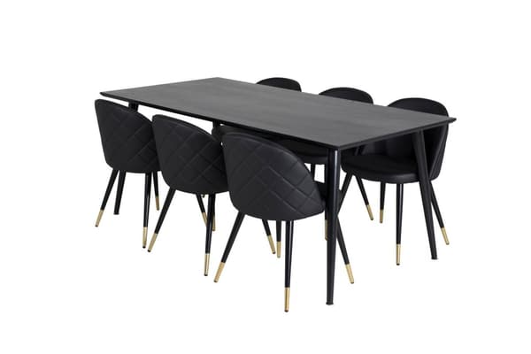 Dipp180x90BLBL spisegruppe spisebord svart og 6 Velvet spisestuestoler PU kunstskinn svart.