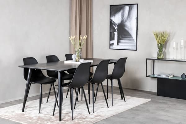 Dipp180x90BLBL spisegruppe spisebord svart og 6 Polar spisestuestoler svart.