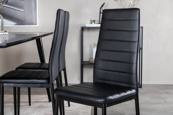 Dipp180x90BLBL spisegruppe spisebord svart og 6 Slim High Back spisestuestoler PU kunstskinn svart.