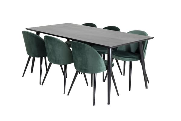 Dipp180x90BLBL spisegruppe spisebord svart og 6 Velvet spisestuestoler velour grønn, svart.