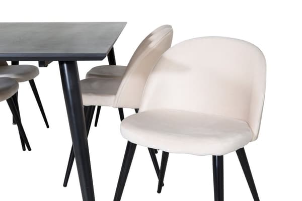 Dipp180x90BLBL spisegruppe spisebord svart og 6 Velvet spisestuestoler velour beige, svart.