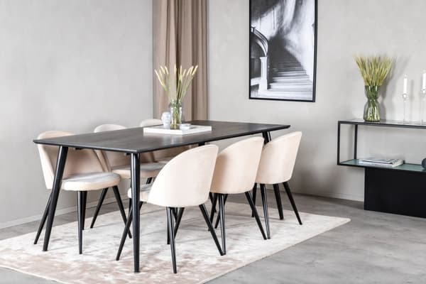 Dipp180x90BLBL spisegruppe spisebord svart og 6 Velvet spisestuestoler velour beige, svart.