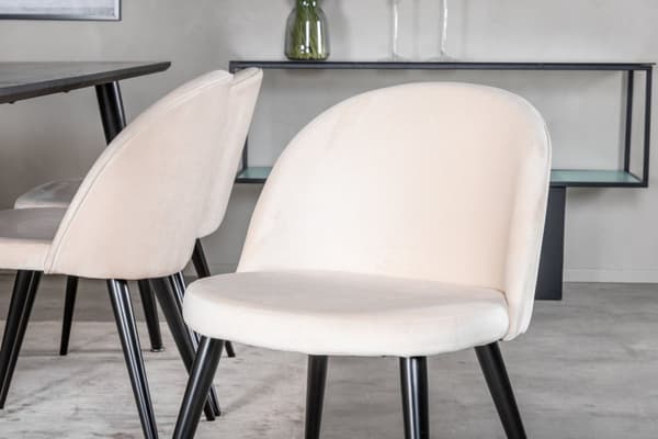 Dipp180x90BLBL spisegruppe spisebord svart og 6 Velvet spisestuestoler velour beige, svart.