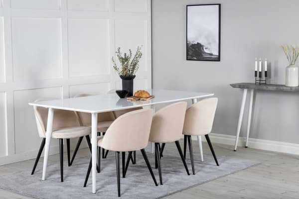 Polar180X90WHWH spisegruppe spisebord hvit og 6 Velvet spisestuestoler velour beige, svart.