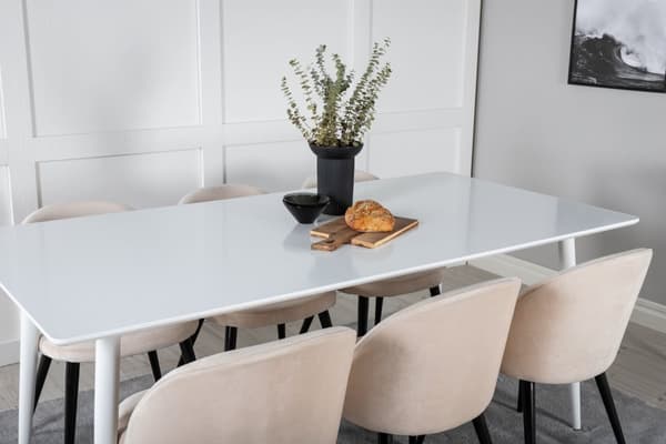 Polar180X90WHWH spisegruppe spisebord hvit og 6 Velvet spisestuestoler velour beige, svart.