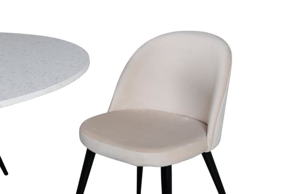 RazziaWH spisegruppe spisebord terazzo hvit og 4 Velvet spisestuestoler velour beige, svart.