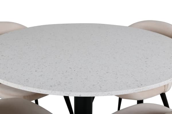 RazziaWH spisegruppe spisebord terazzo hvit og 4 Velvet spisestuestoler velour beige, svart.