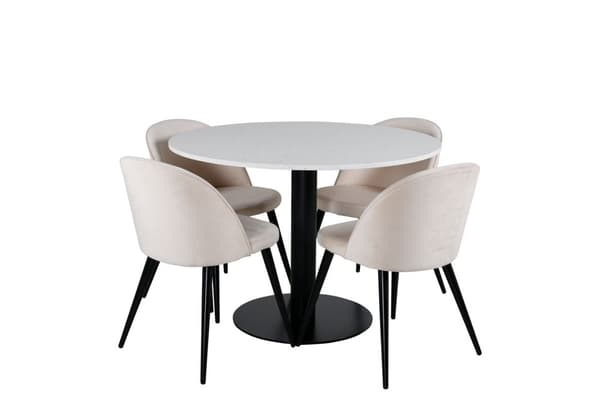 RazziaWH spisegruppe spisebord terazzo hvit og 4 Velvet spisestuestoler velour beige, svart.