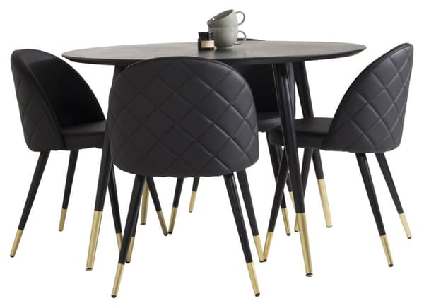 DippØ115BLBR spisegruppe spisebord svart og 4 Velvet spisestuestoler PU kunstskinn svart.