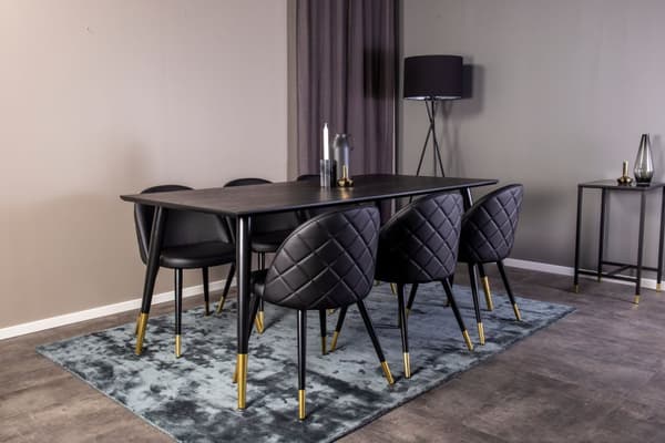 Dipp180x90BLBR spisegruppe spisebord svart og 6 Velvet spisestuestoler PU kunstskinn svart.