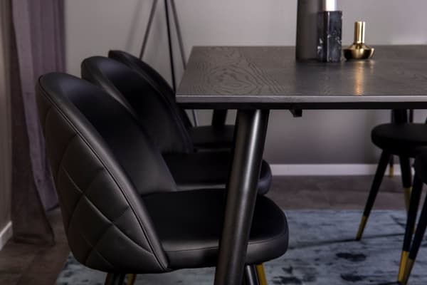 Dipp180x90BLBR spisegruppe spisebord svart og 6 Velvet spisestuestoler PU kunstskinn svart.
