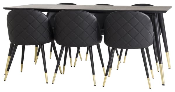 Dipp180x90BLBR spisegruppe spisebord svart og 6 Velvet spisestuestoler PU kunstskinn svart.