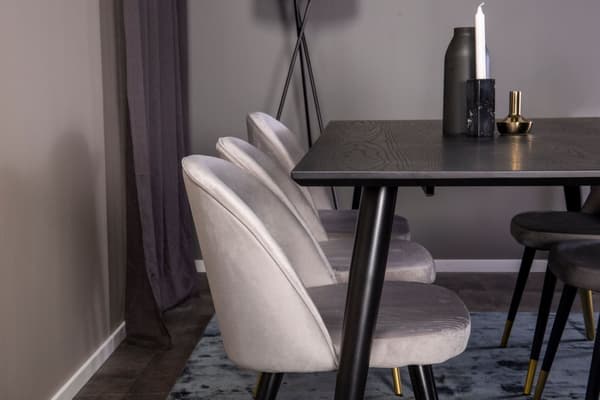 Dipp180x90BLBR spisegruppe spisebord svart og 6 Velvet spisestuestoler velour lysegrå.