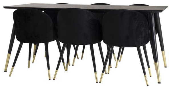Dipp180x90BLBR spisegruppe spisebord svart og 6 Velvet spisestuestoler velour svart, messing dekor.