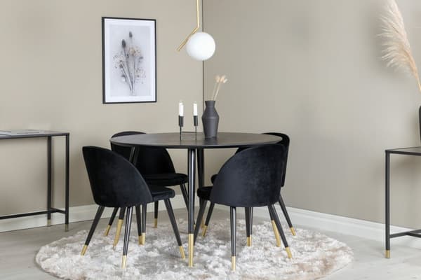 DippØ115BLBR spisegruppe spisebord svart og 4 Velvet spisestuestoler velour svart, messing dekor.