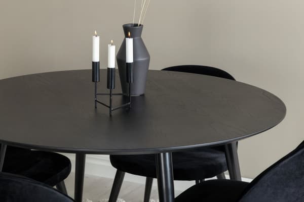 DippØ115BLBR spisegruppe spisebord svart og 4 Velvet spisestuestoler velour svart, messing dekor.