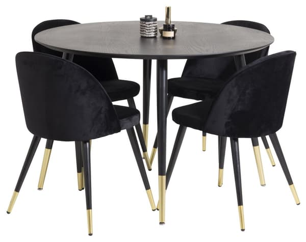 DippØ115BLBR spisegruppe spisebord svart og 4 Velvet spisestuestoler velour svart, messing dekor.