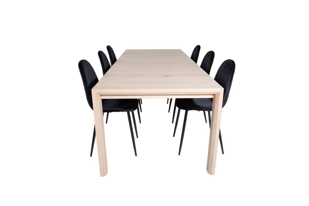 SliderWW matgrupp matbord utdragbart bord längd cm 170 / 250 ekträd vit washeded och 6 Polar matstola velour svart.