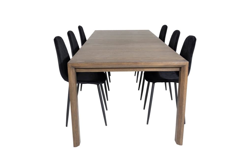 SliderOS matgrupp matbord utdragbart bord längd cm 170 / 250 rökig ekträd och 6 Polar Diamond matstola velour svart.
