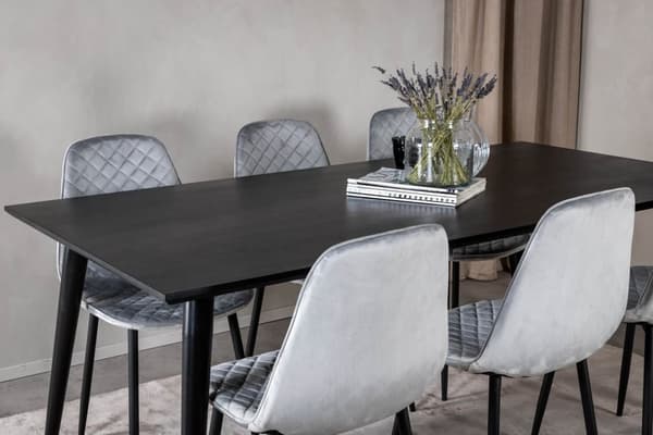 Dipp180x90BLBL spisebordssæt spisebord sort og 6 Polar Diamond stole velour grå.